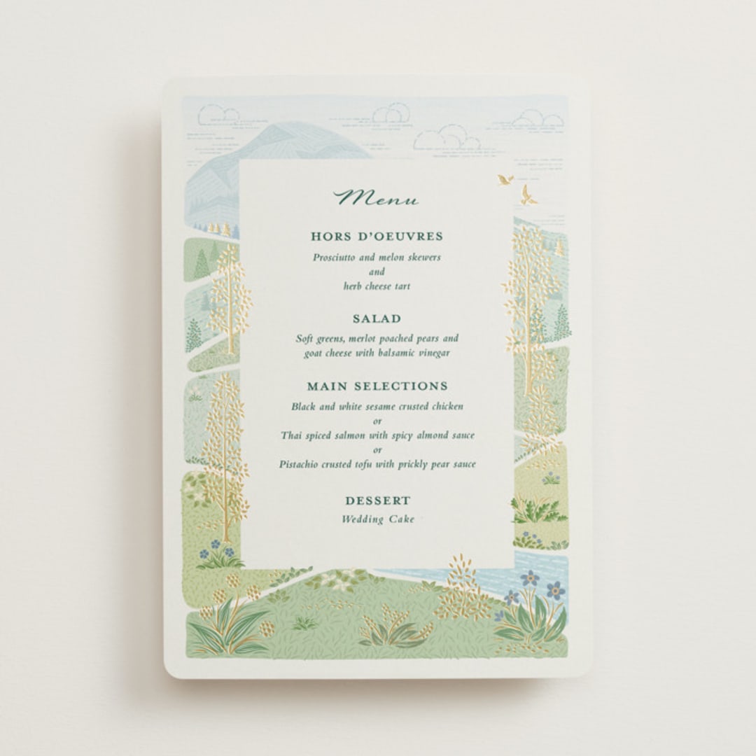 "Mountaintop" - Foil-Pressed Menus in Evergreen by Paper Sun Studio - Front