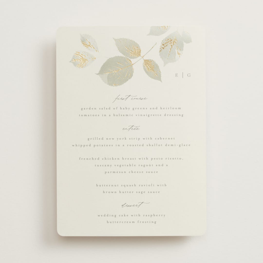 "Sonnet" - Foil-Pressed Menus in Meadow by Kristie Kern - Front