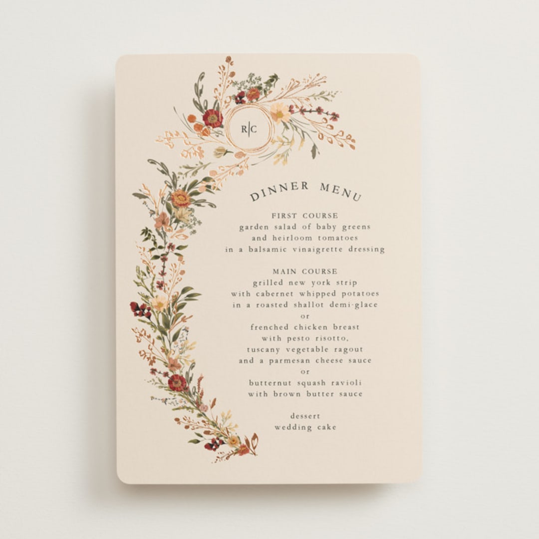 "Monogrammed Floral" - Foil-Pressed Menus in Harvest by Susan Moyal - Front