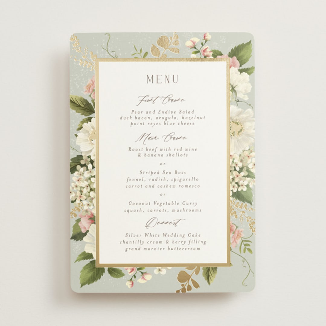"Floral Tribute" - Foil-Pressed Menus in Moss by Chris Griffith - Front