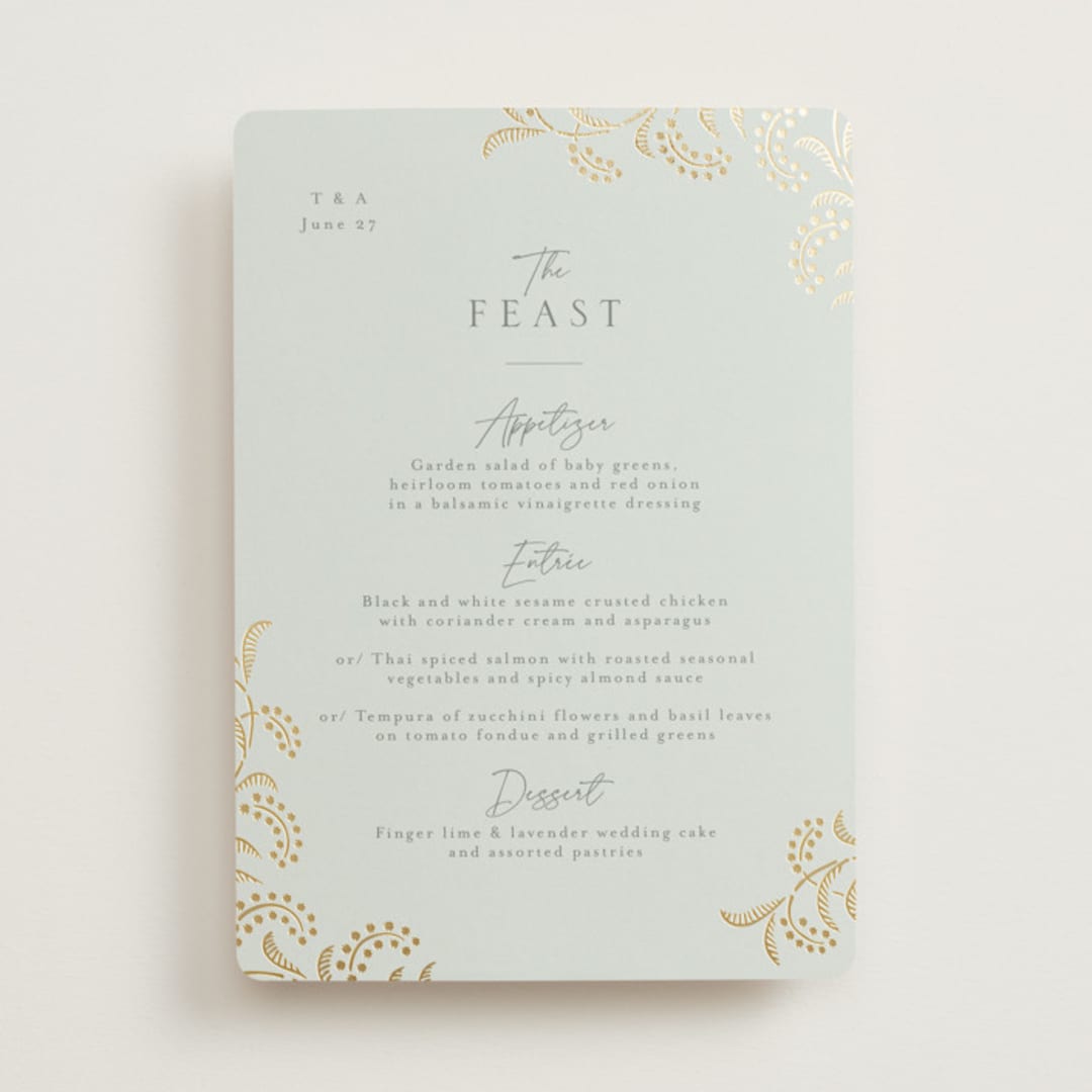 "Riviera" - Foil-Pressed Menus in Willow by Leia Matt - Front
