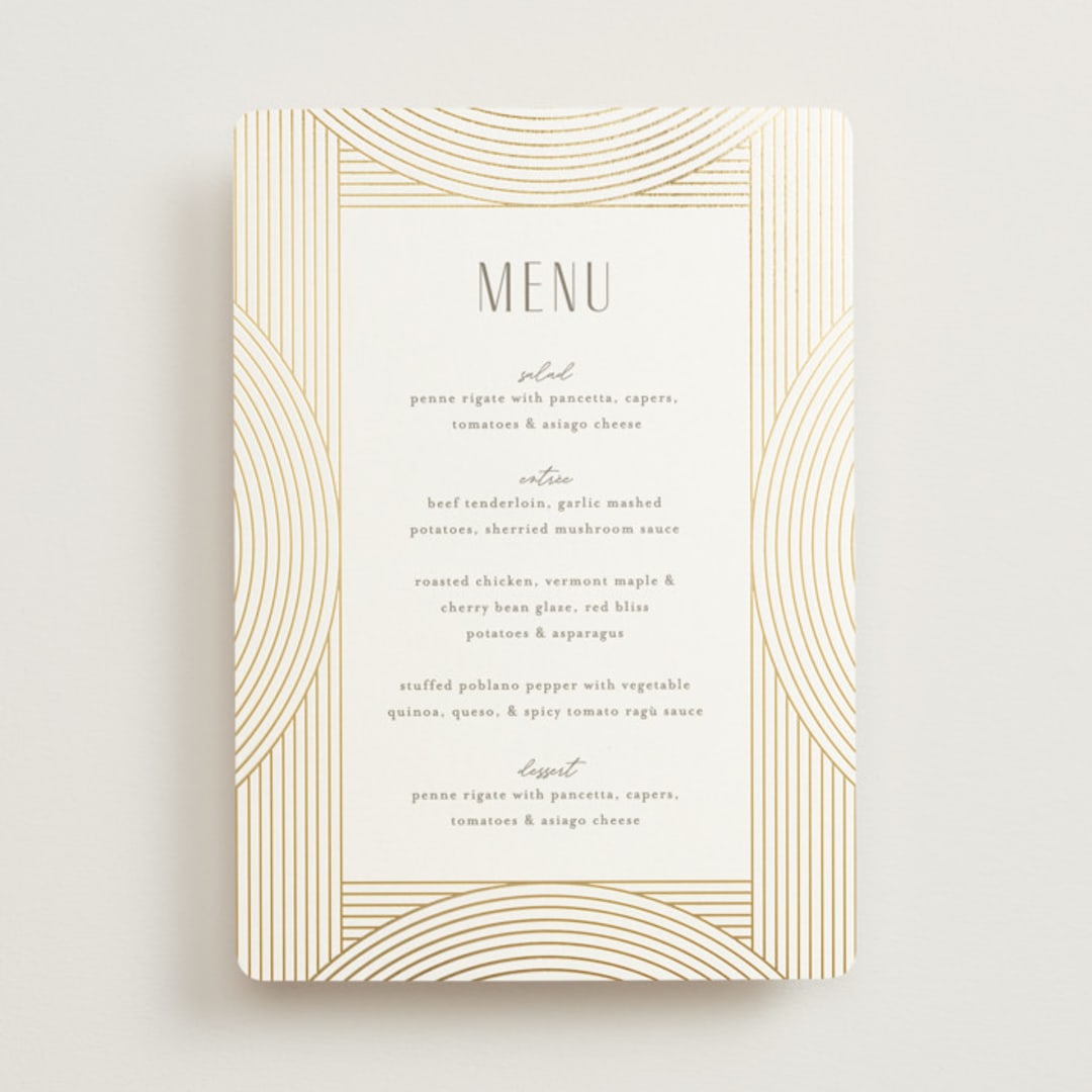 "Moderne" - Foil-Pressed Menus in Alabaster by Pixel and Hank - Front