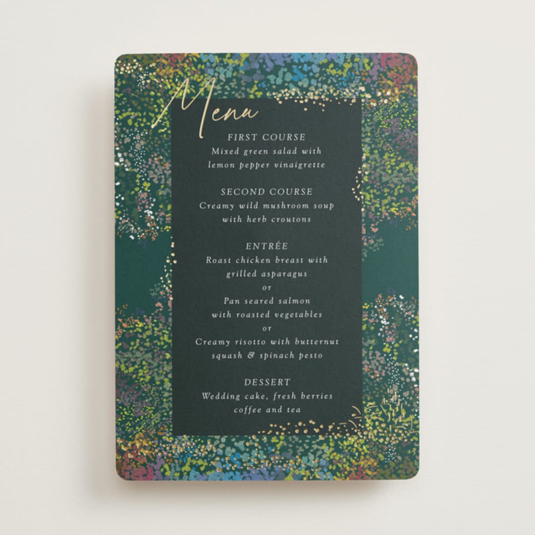 "By the Creek" - Foil-Pressed Menus in Emerald by Becky Nimoy - Front