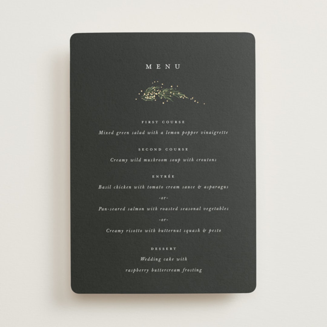 "Winter Garland" - Foil-Pressed Menus in Tuxedo by Leah Bisch - Front