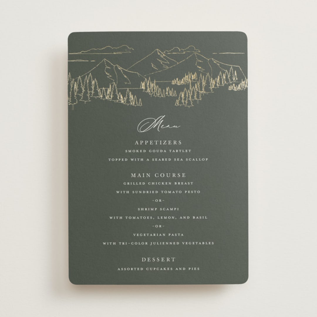 "Peaks" - Foil-Pressed Menus in Hunter by Sarah Brown - Front