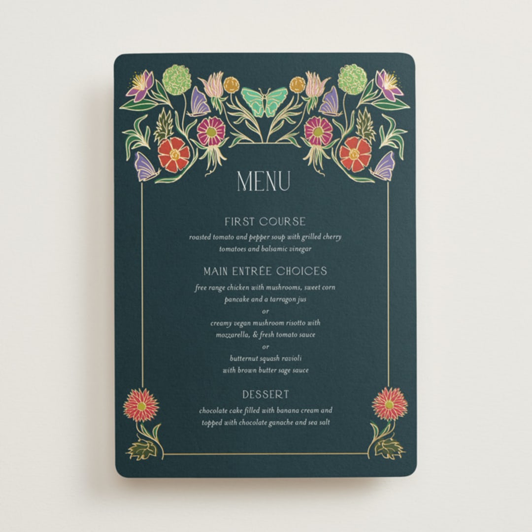 "Gilded Tapestry" - Foil-Pressed Menus in Midnight Garden by Simona Camp - Front