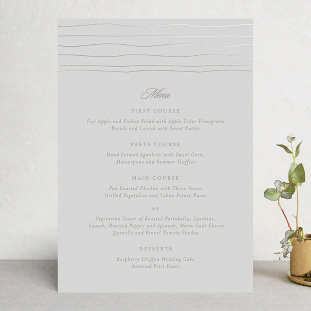 "Cascade" - Foil-Pressed Menus in Mist by Lori Wemple - Front