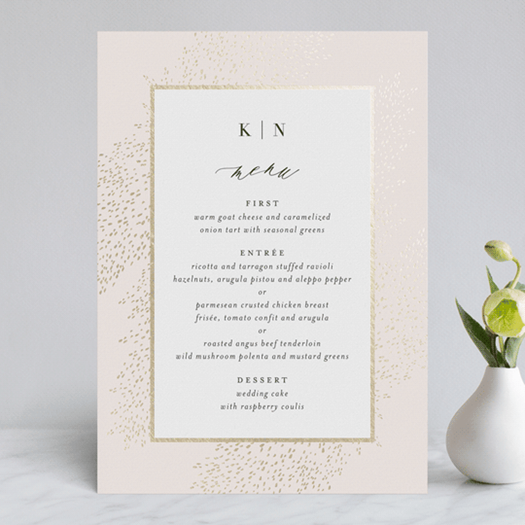"Solaris" - Foil-Pressed Menus in Blush by Kristie Kern - Front