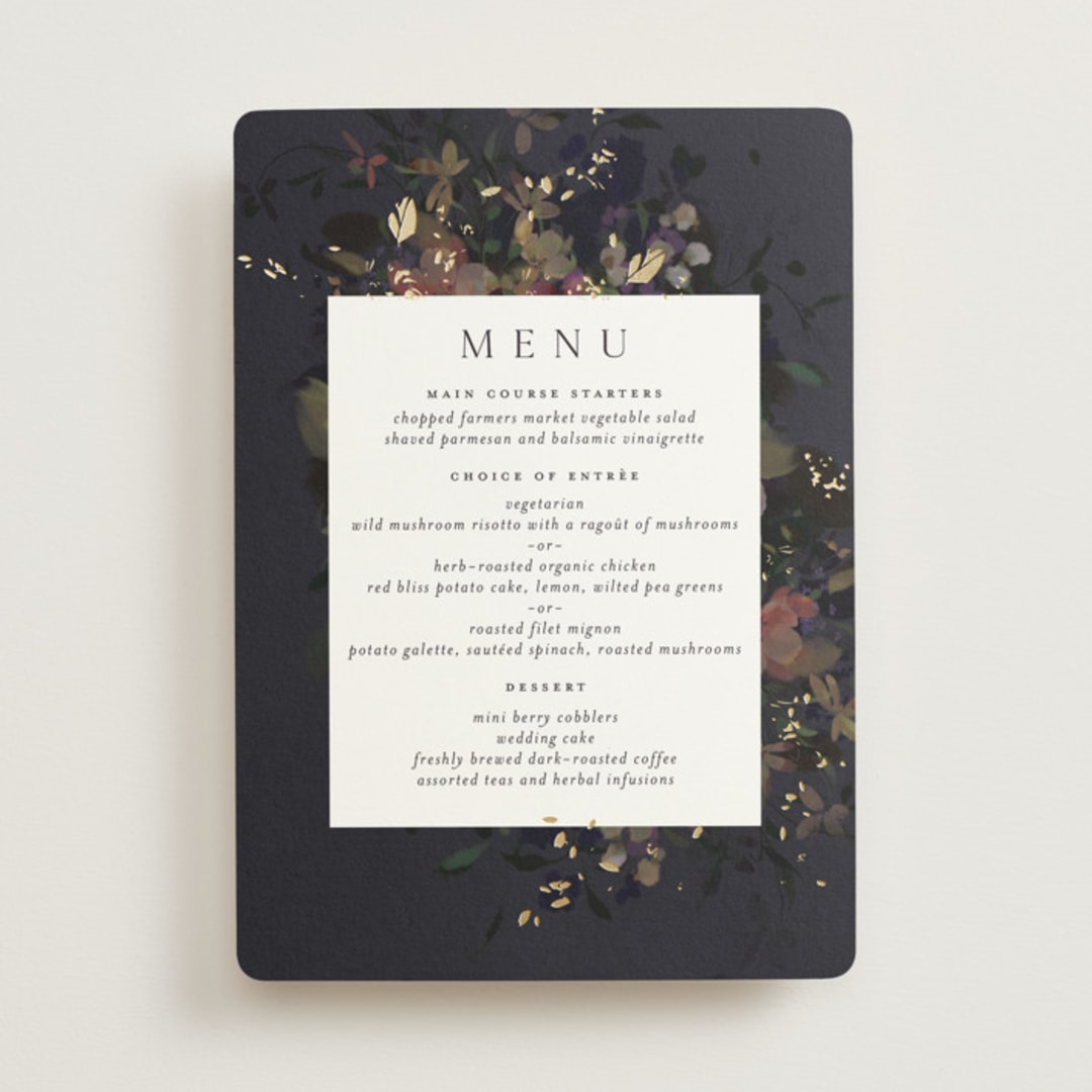 "Vintage Rose Garden" - Foil-Pressed Menus in Midnight by Grace Kreinbrink - Front