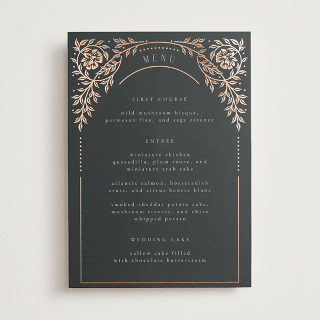 "Gilded nouveau frame" - Foil-Pressed Menus in Onyx by Ana de Sousa - Front