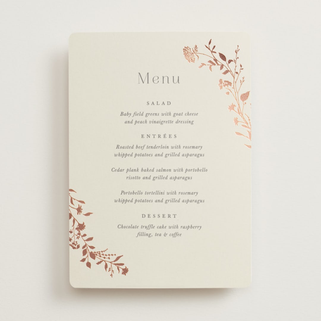 "Queen Anne's Lace" - Foil-Pressed Menus in Creme Brulee by Jennifer Wick - Front
