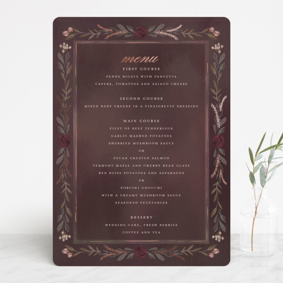 "Verdigris" - Foil-Pressed Menus in Rose by Susan Moyal - Front