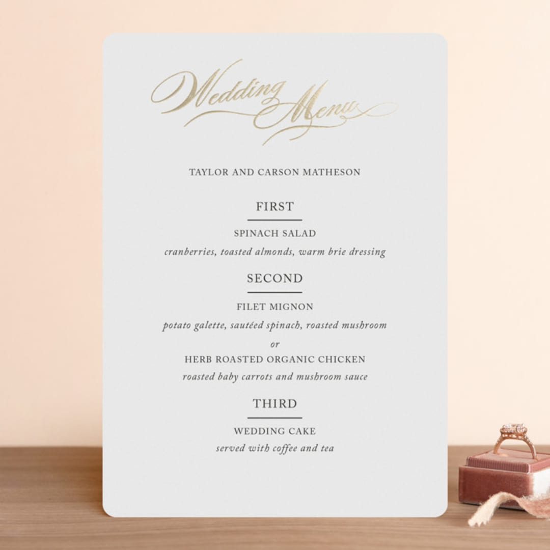 "Timeless Grace" - Foil-Pressed Menus in Gold by Kimberly FitzSimons - Front