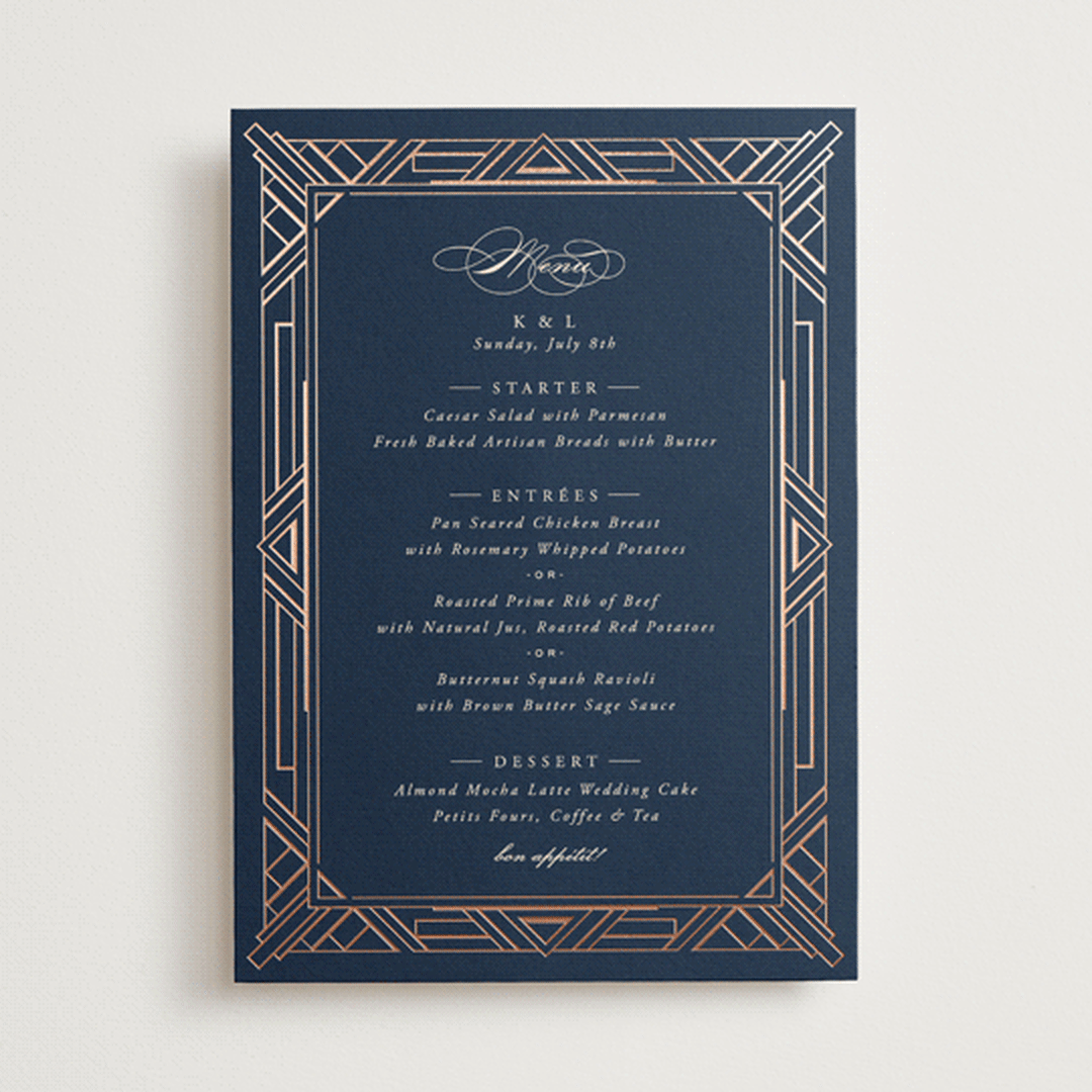 "Opulent Border" - Foil-Pressed Menus in Navy by Hooray Creative - Front