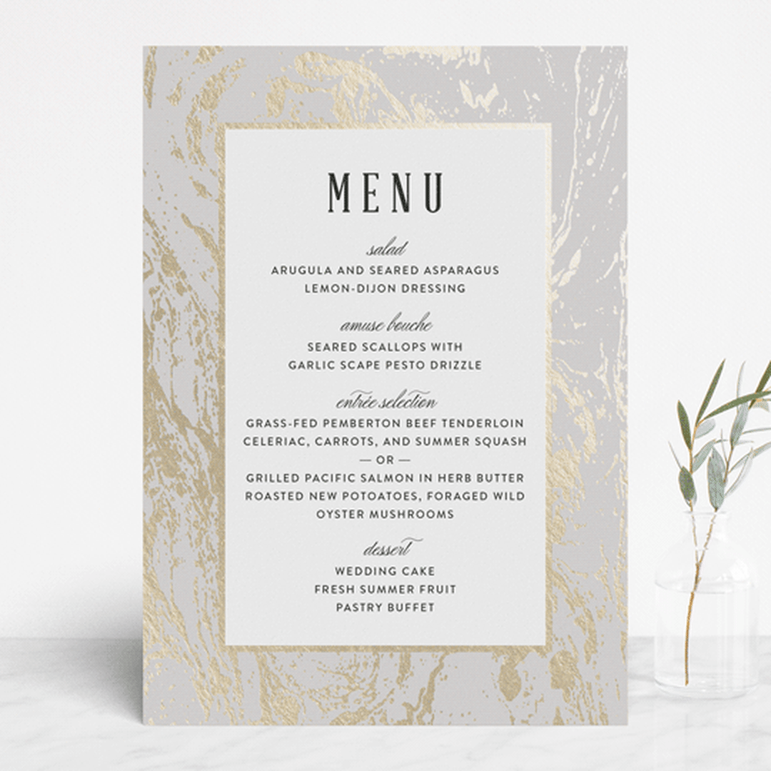 "Modern Marble" - Foil-Pressed Menus in Cloud by Kelly Schmidt - Front
