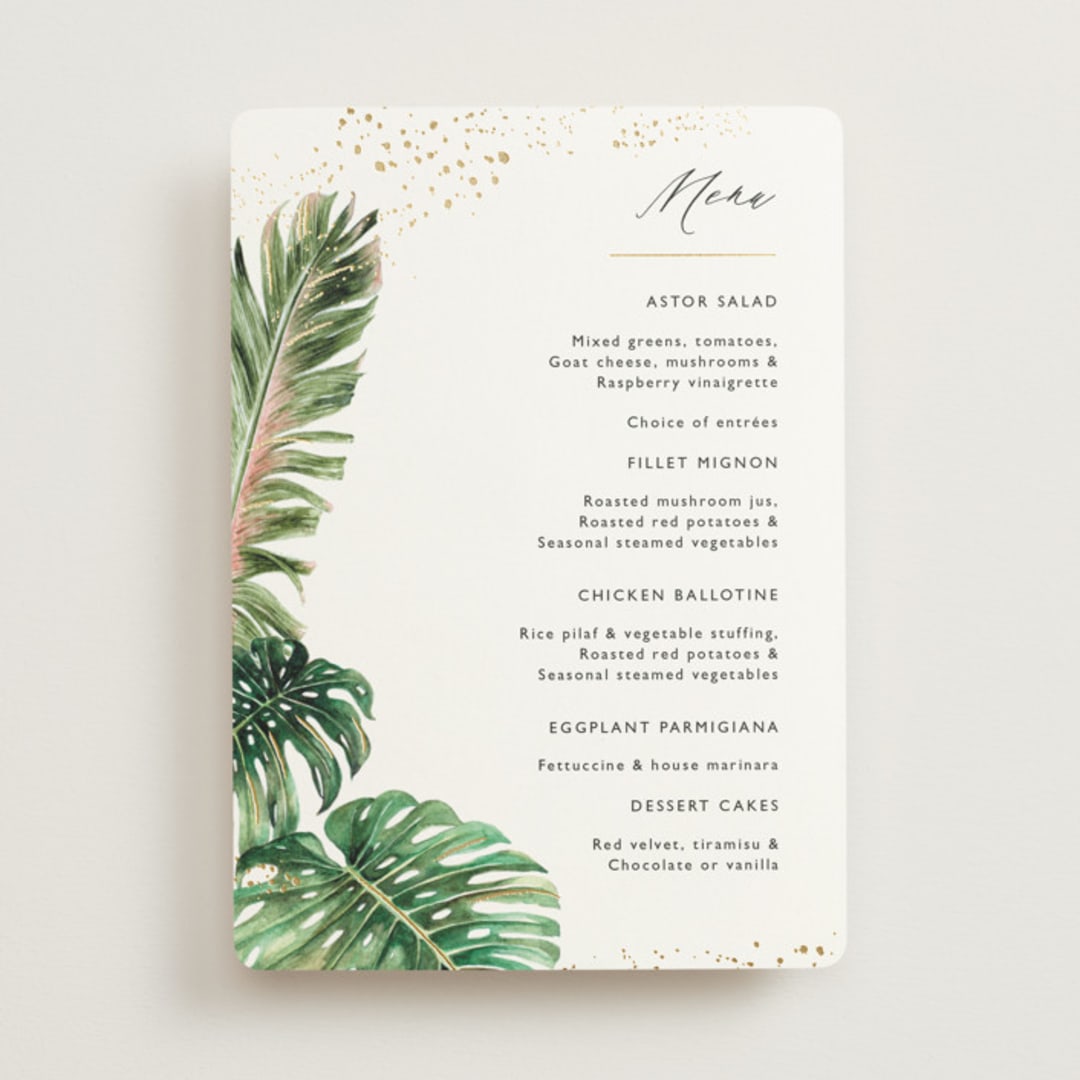 "Our Paradise" - Foil-Pressed Menus in Tropical by Elly - Front