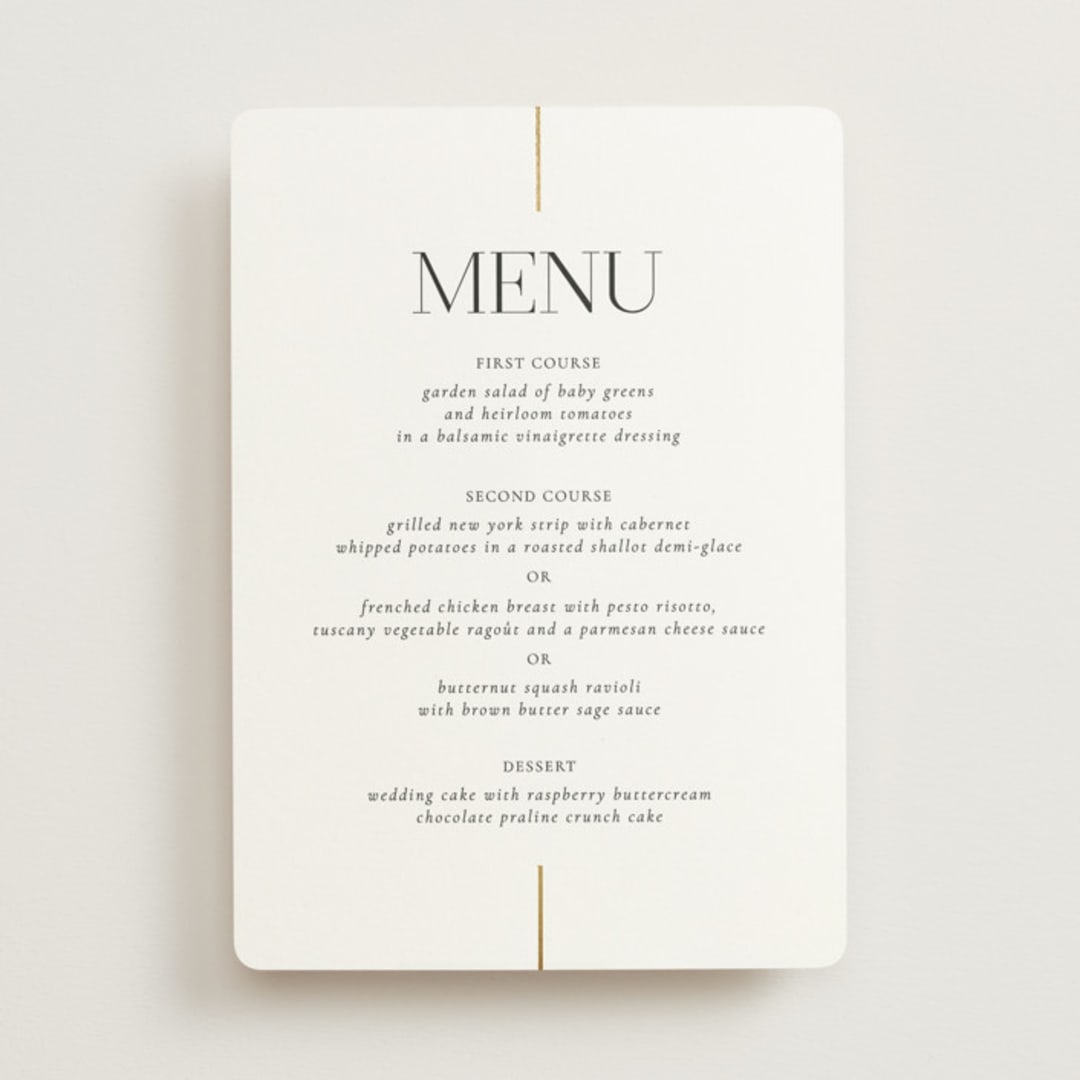"Aligned" - Foil-Pressed Menus in Spun Sugar by Jessica Williams - Front