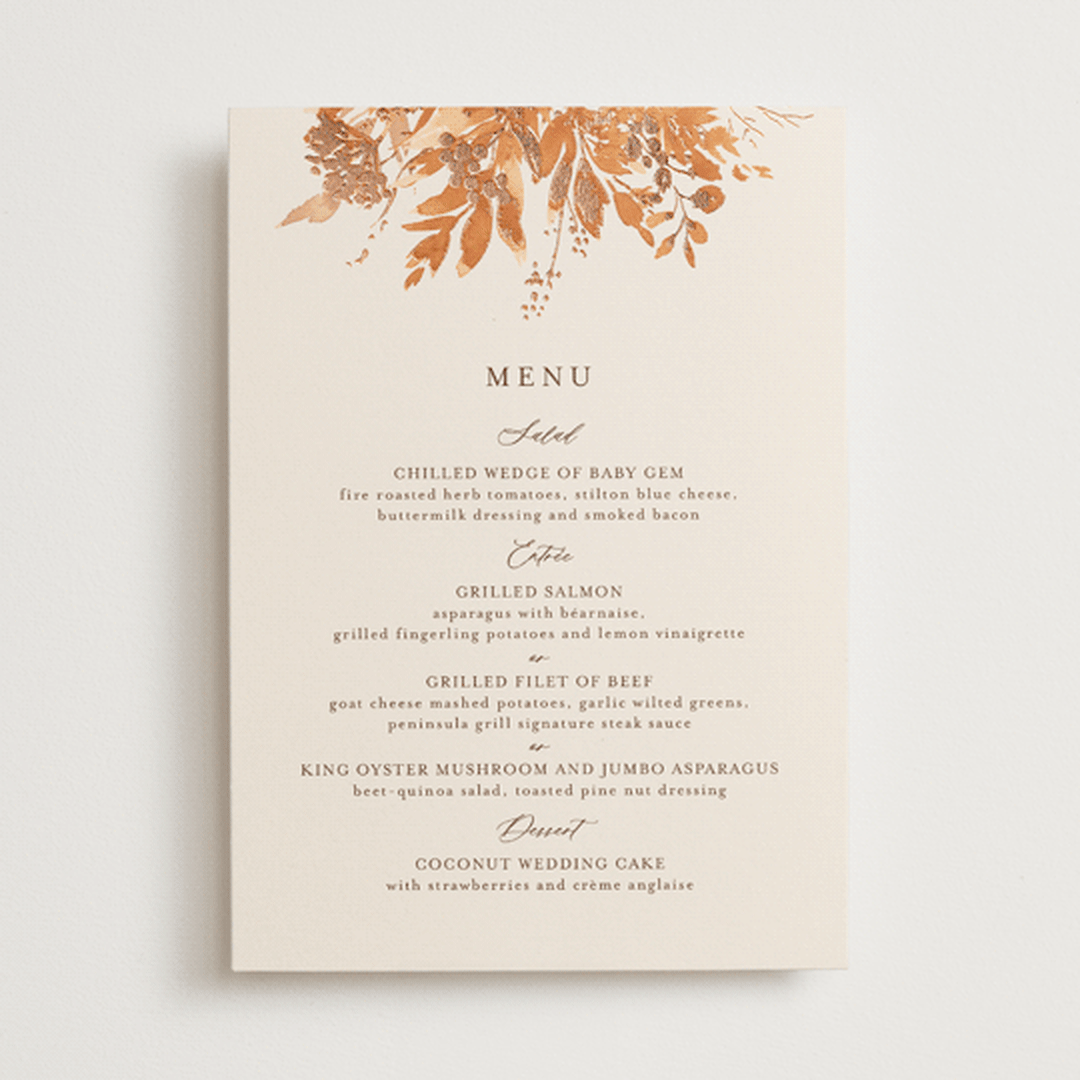 "Wedding in Aspen" - Foil-Pressed Menus in Rust by Chris Griffith - Front
