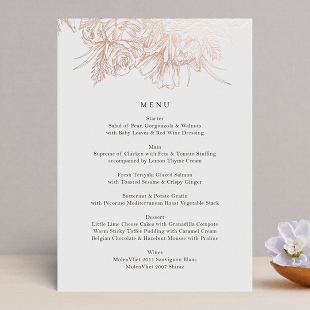 "Sketched Bouquet" - Foil-Pressed Menus in Petal by Phrosné Barwood - Front
