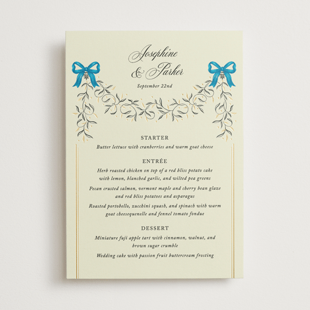 "Josephine" - Foil-Pressed Menus in Marine by Jackie Crawford - Front