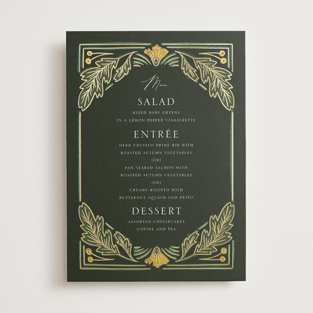 "Embellished" - Foil-Pressed Menus in Buttercup by Jen Owens - Front