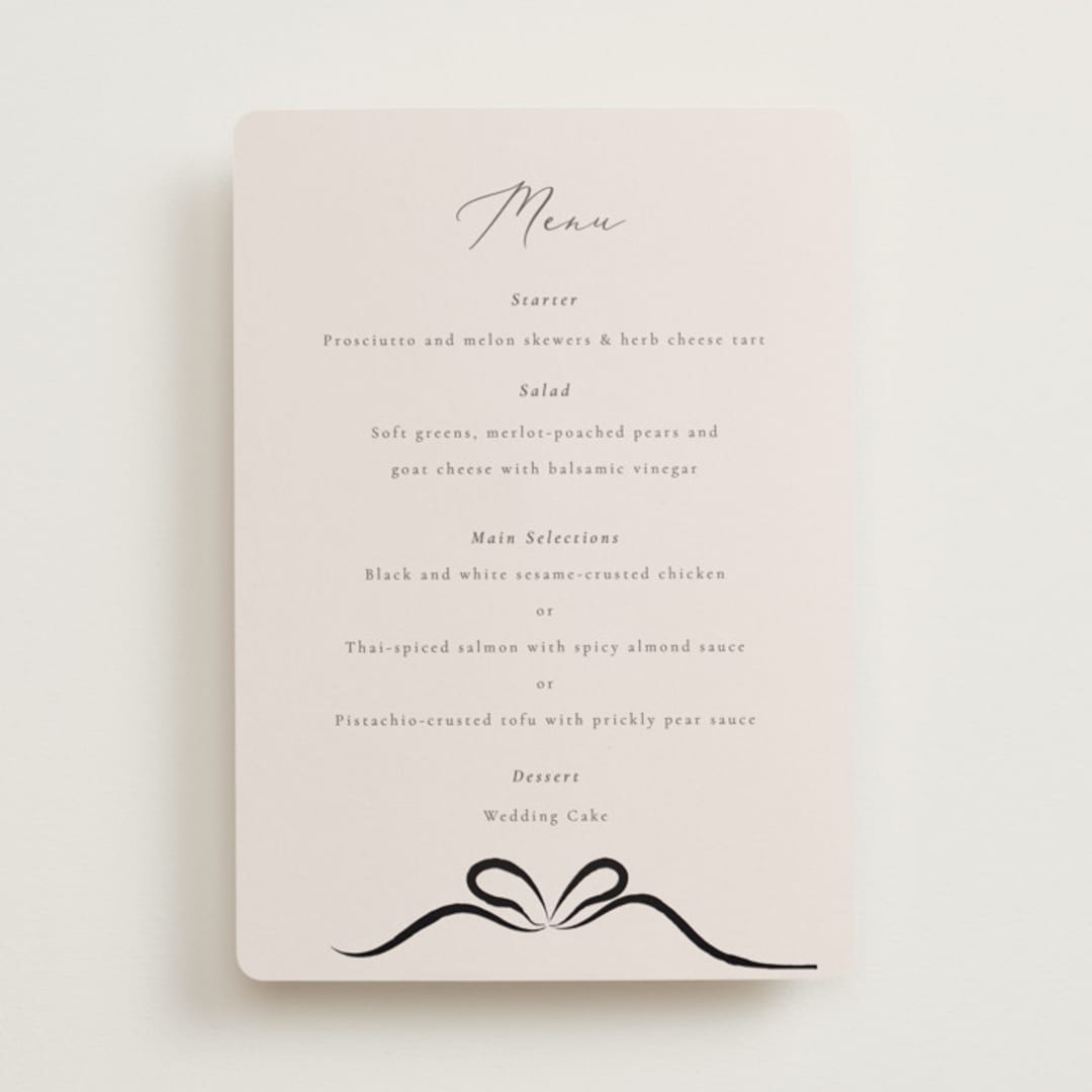 "Bow" - Foil-Pressed Menus in Tuxedo by Corinne Malesic - Front