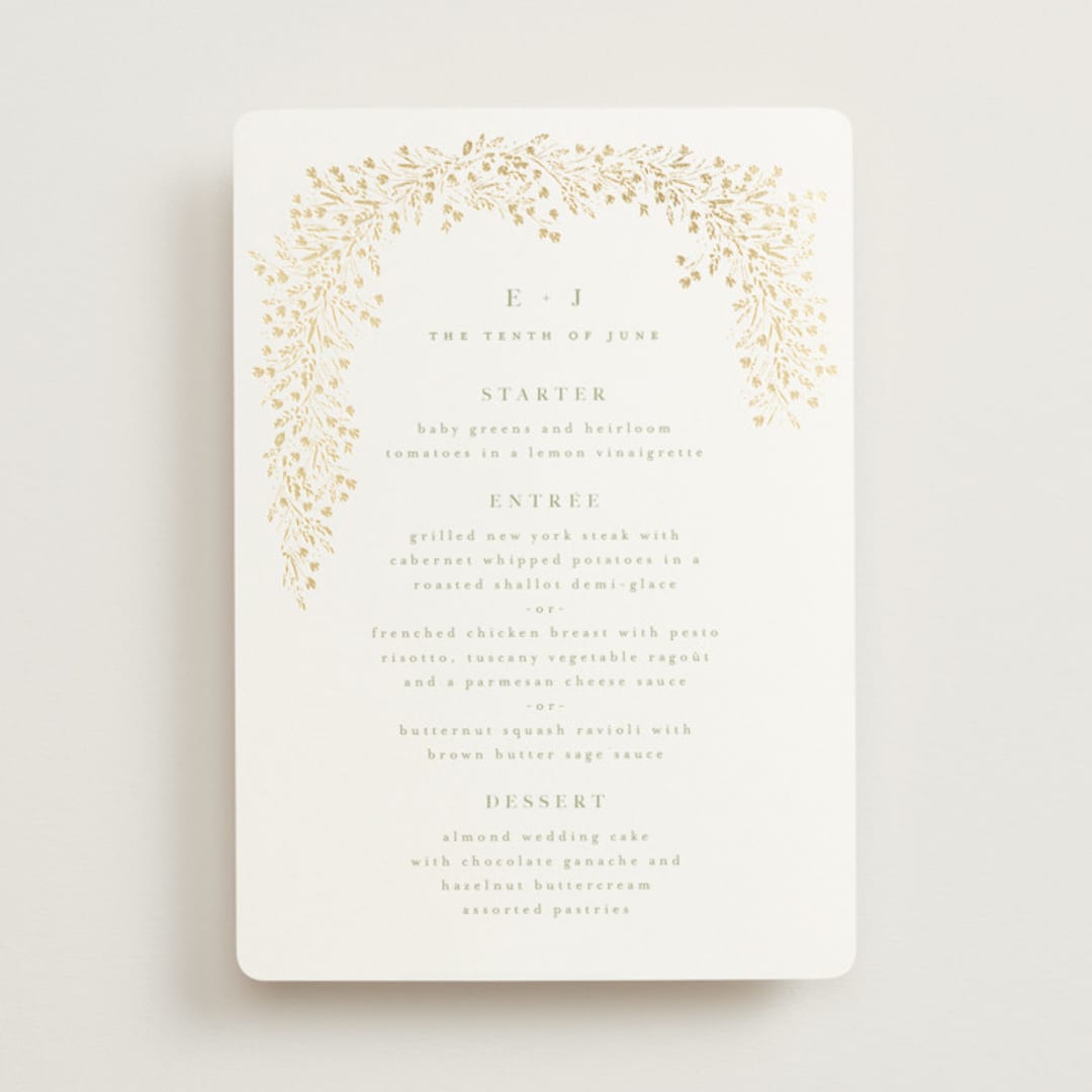 "Villa" - Foil-Pressed Menus in Leaf by Kristie Kern - Front