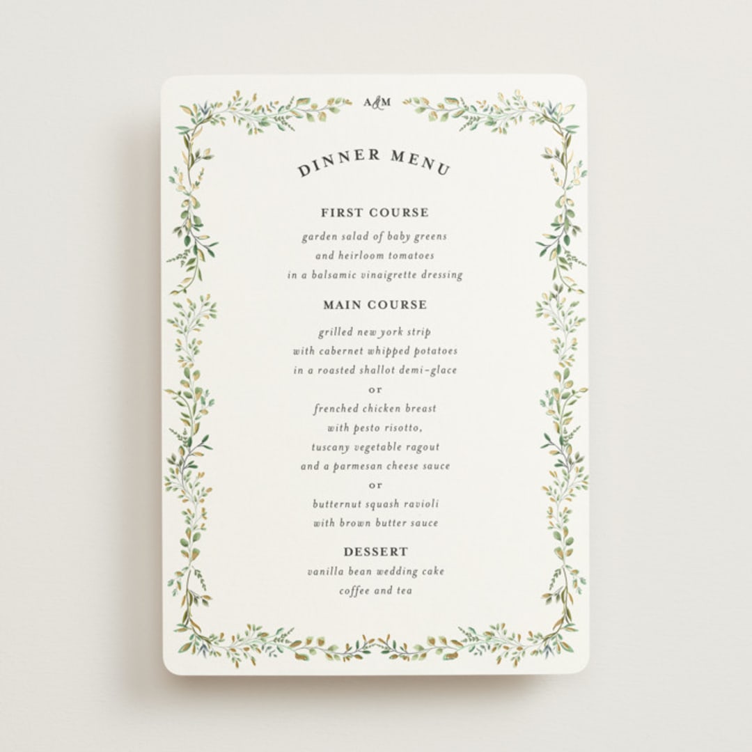 "Monogramed Arch" - Foil-Pressed Menus in Mojito by Susan Moyal - Front