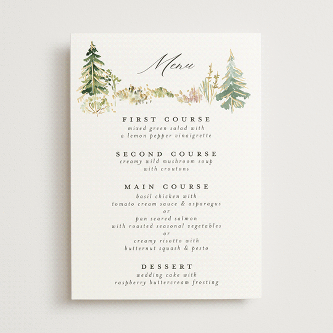 "Great Outdoors" - Foil-Pressed Menus in Forest by Petra Kern - Front