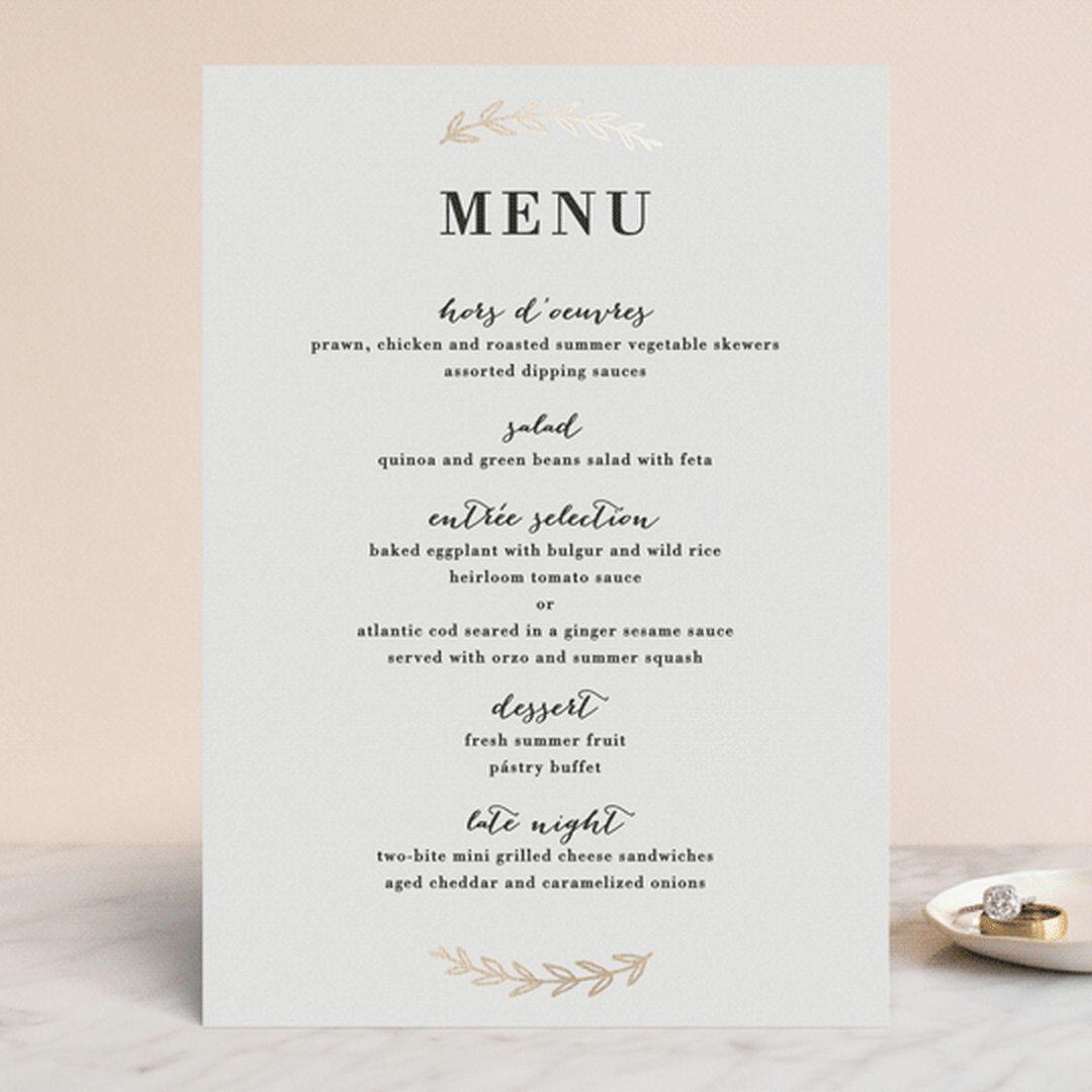 "Elegant Announcement" - Foil-Pressed Menus in Vanilla by Kelly Schmidt - Front