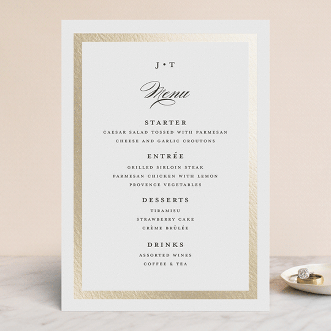 "Lasting love" - Foil-Pressed Menus in Gold by Stacey Meacham - Front