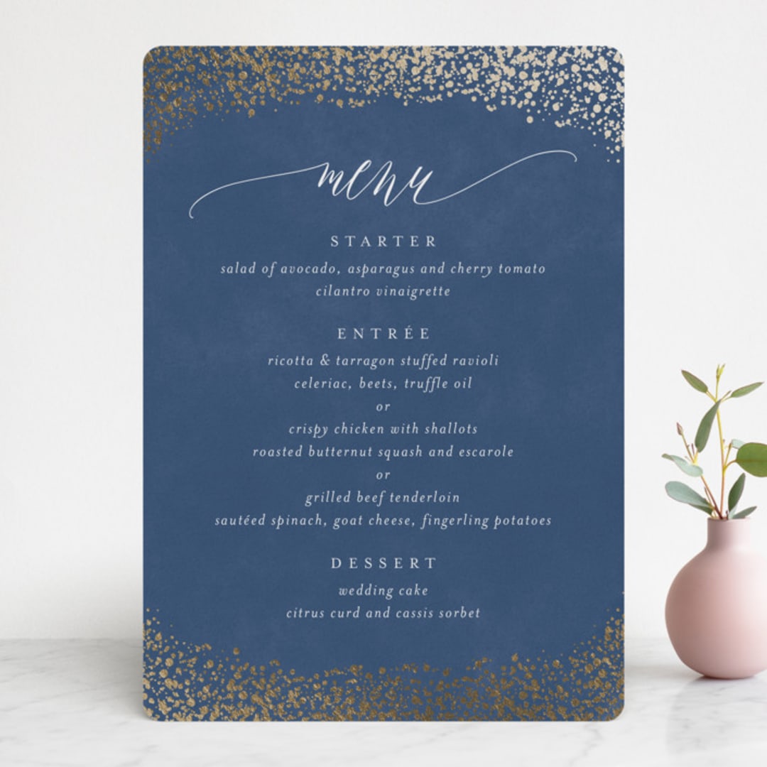 "Aspen" - Foil-Pressed Menus in Midnight by Kristie Kern - Front