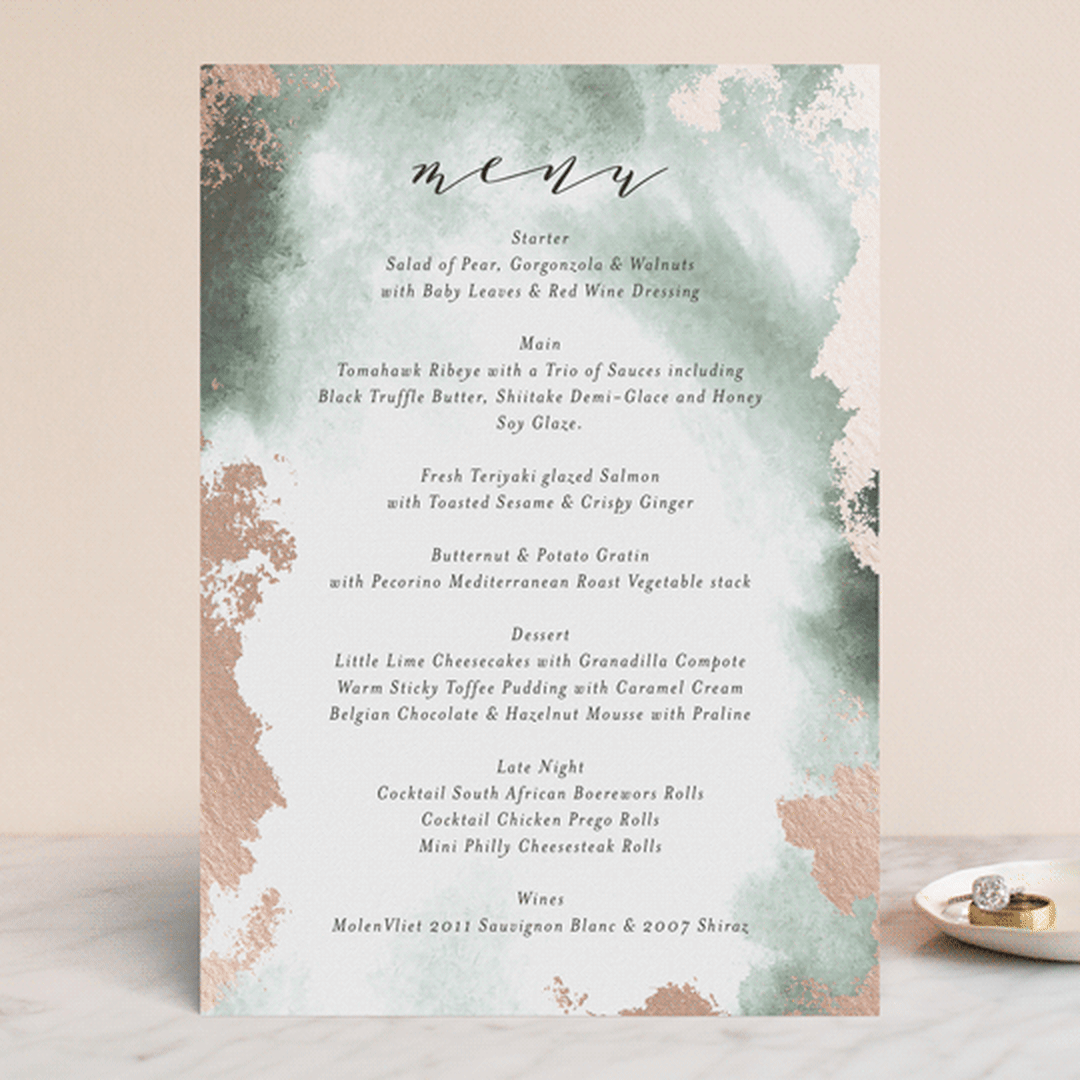 "Fancy Marble" - Foil-Pressed Menus in Moss by Phrosné Barwood - Front