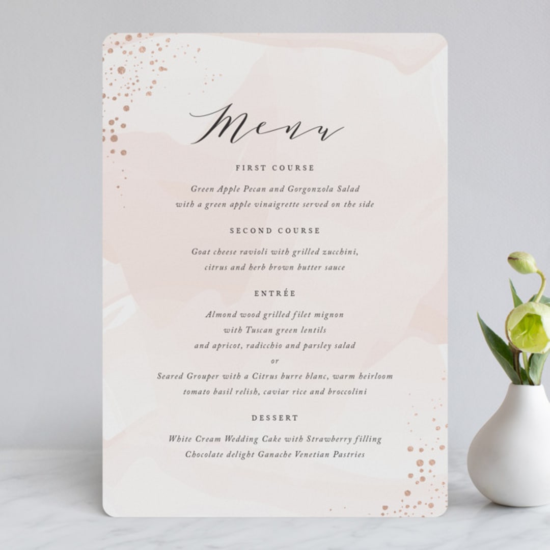 "Formal Watercolor" - Foil-Pressed Menus in Bashful by Jennifer Postorino - Front