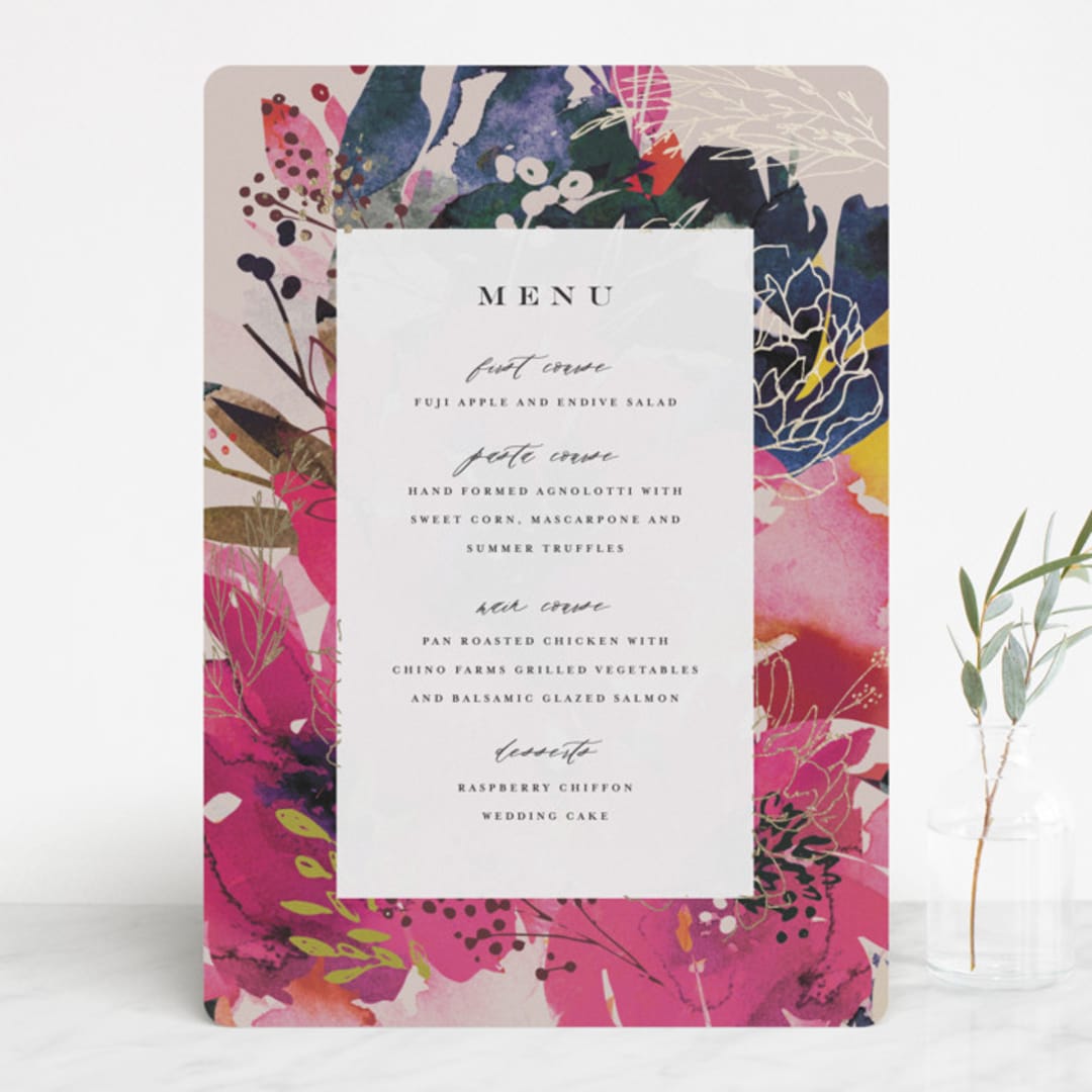 "Blooming Beauty" - Foil-Pressed Menus in Tan by Lori Wemple - Front
