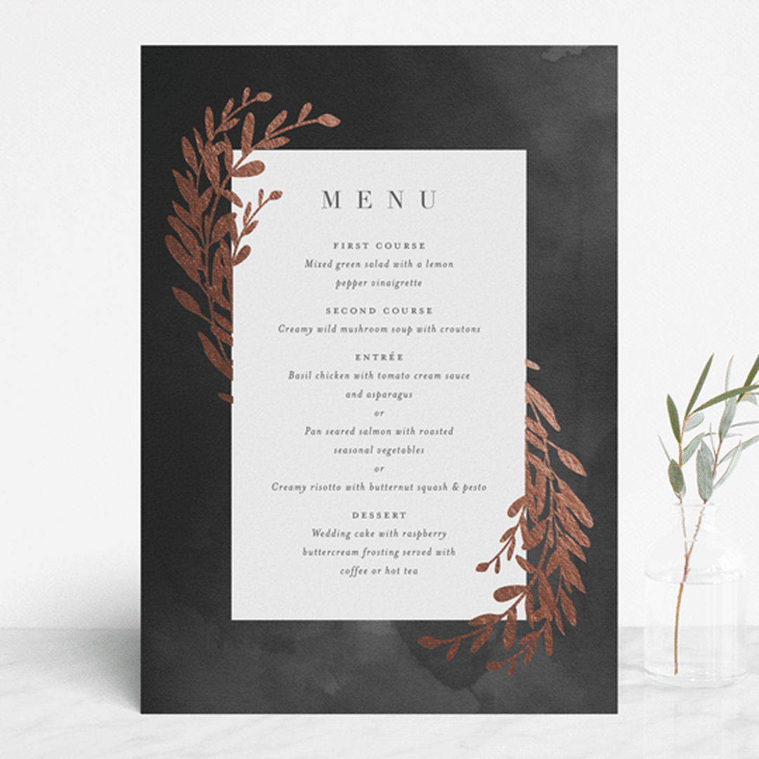 "Lux branch" - Foil-Pressed Menus in Pepper by Stacey Meacham - Front