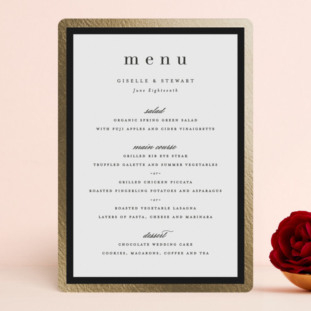 "Handsome Border" - Foil-Pressed Menus in Chalkboard by Hooray Creative - Front
