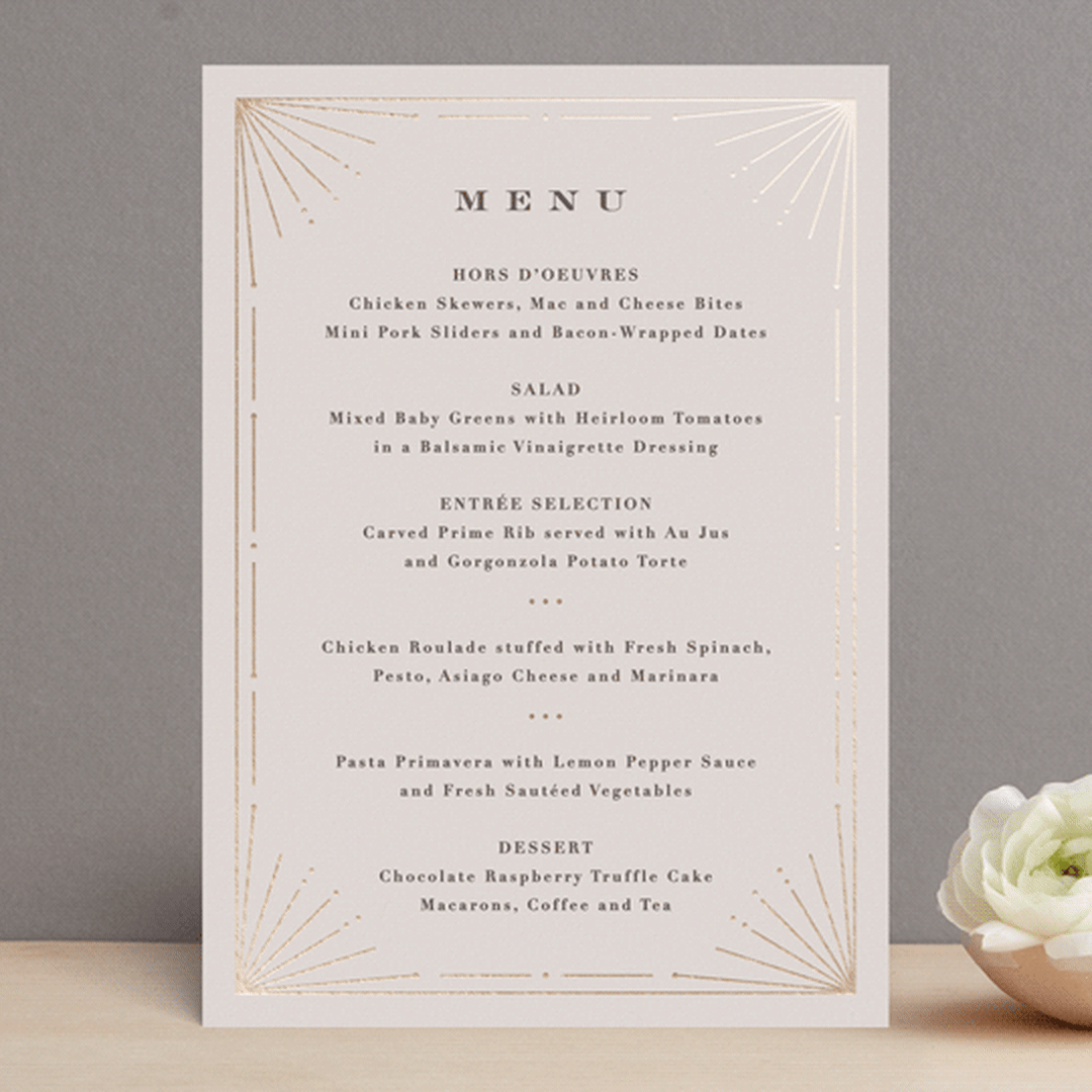 "Art Deco Border" - Foil-Pressed Menus in Blush by Hooray Creative - Front