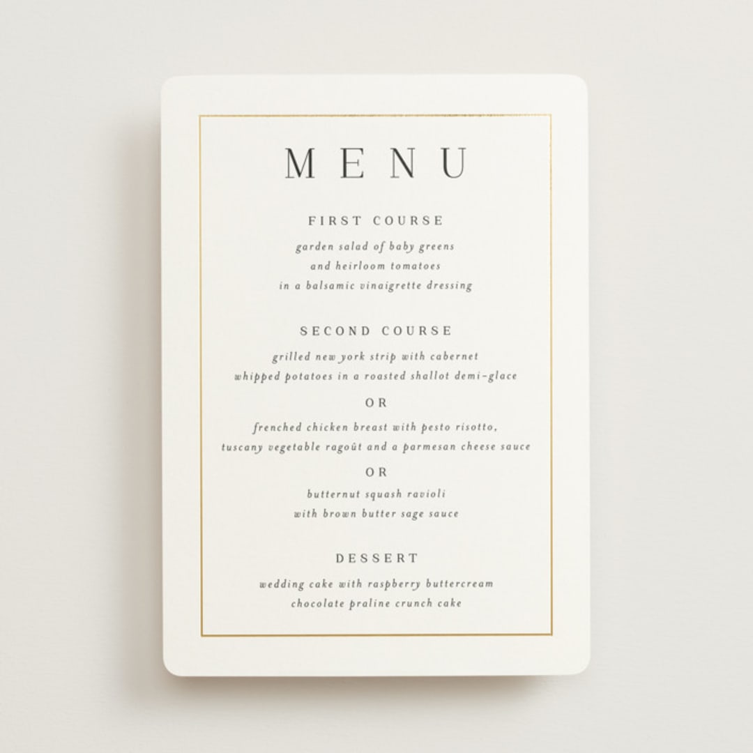 "Bianca" - Foil-Pressed Menus in Sugar by Jessica Williams - Front
