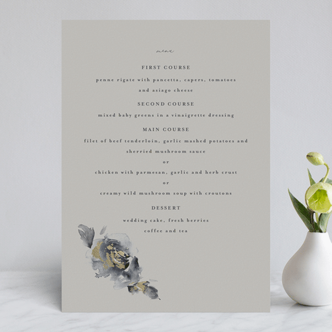 "Enchanted Blooms" - Foil-Pressed Menus in Midnight by Lori Wemple - Front