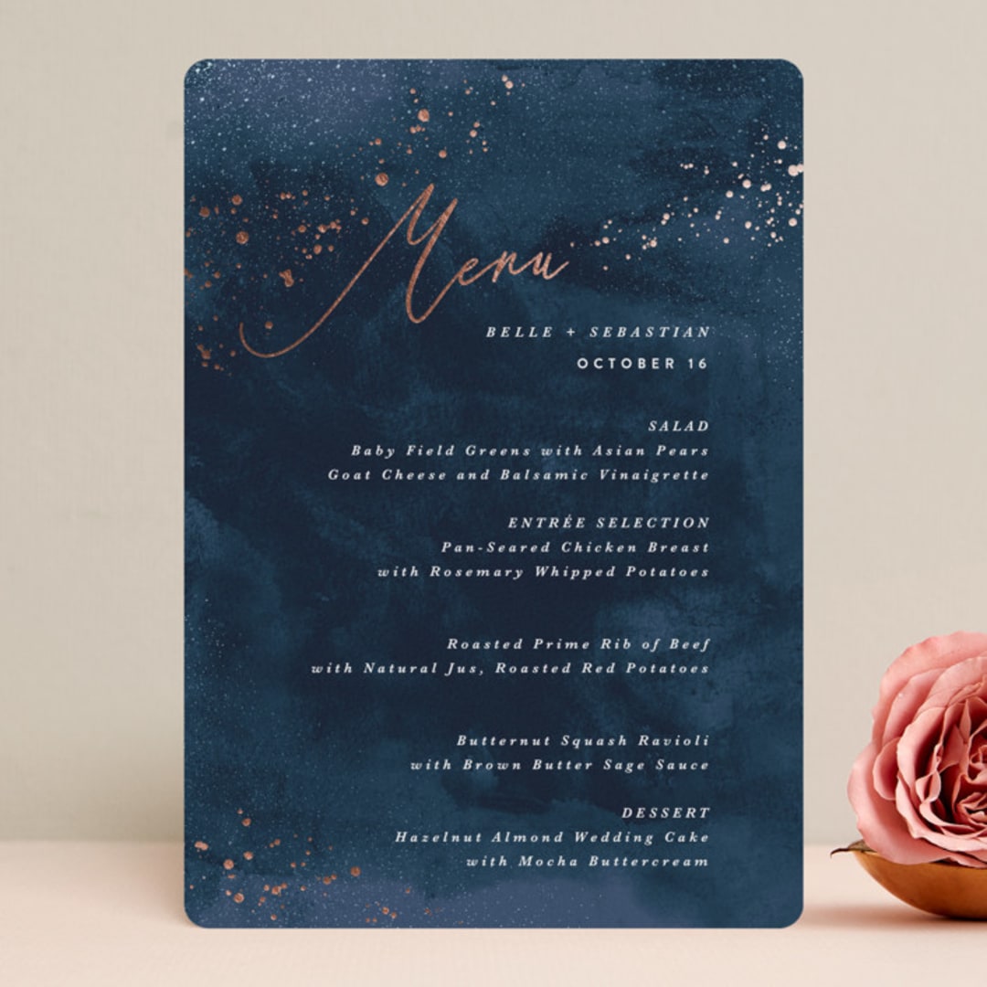 "Cosmos" - Foil-Pressed Menus in Midnight by Hooray Creative - Front