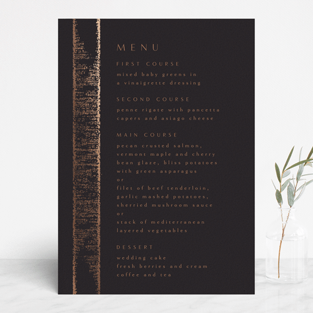 "Dazzling" - Foil-Pressed Menus in Noir by Phrosné Barwood - Front