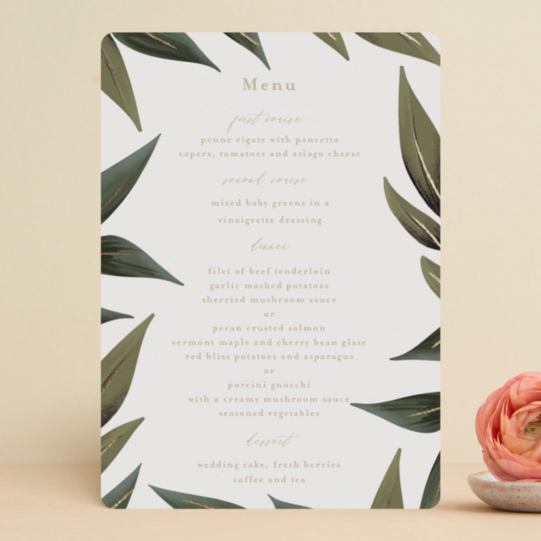 "Cascading Vine" - Foil-Pressed Menus in Ivory by Susan Moyal - Front