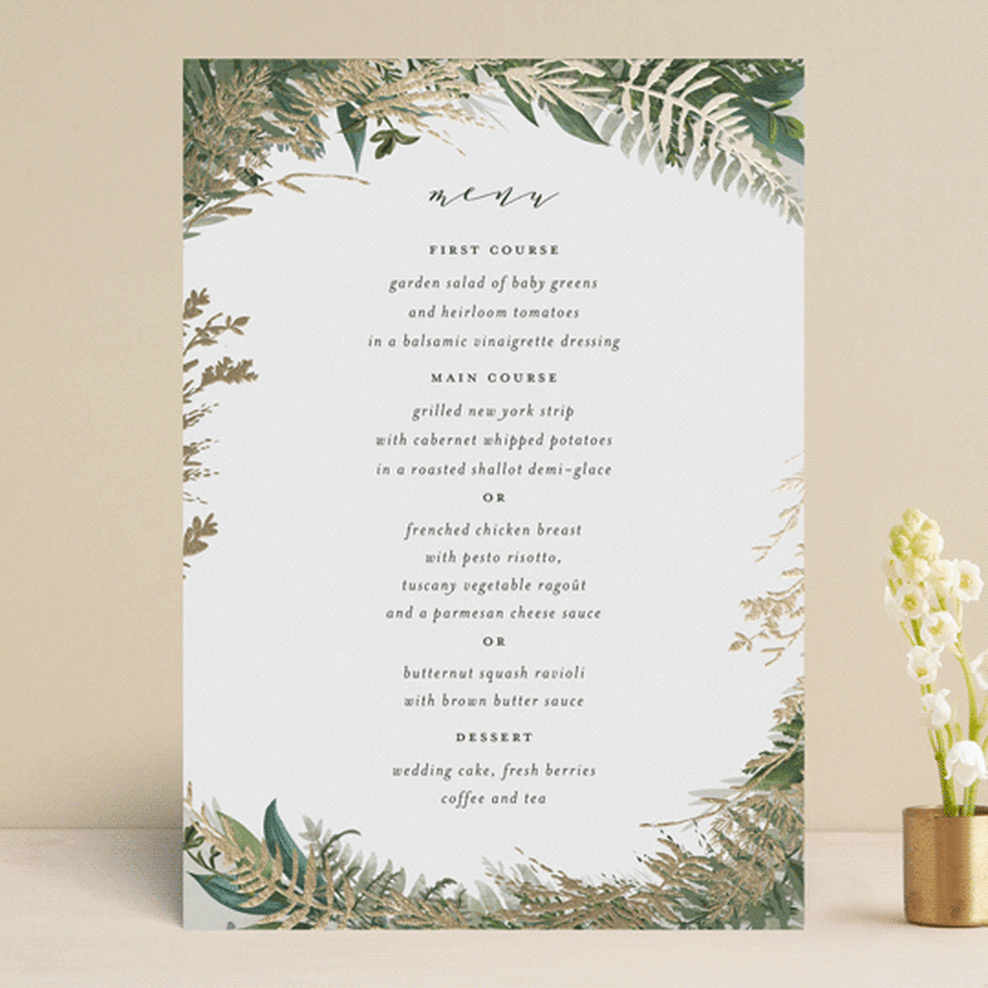 "Fresh Vines" - Foil-Pressed Menus in Fern by Susan Moyal - Front