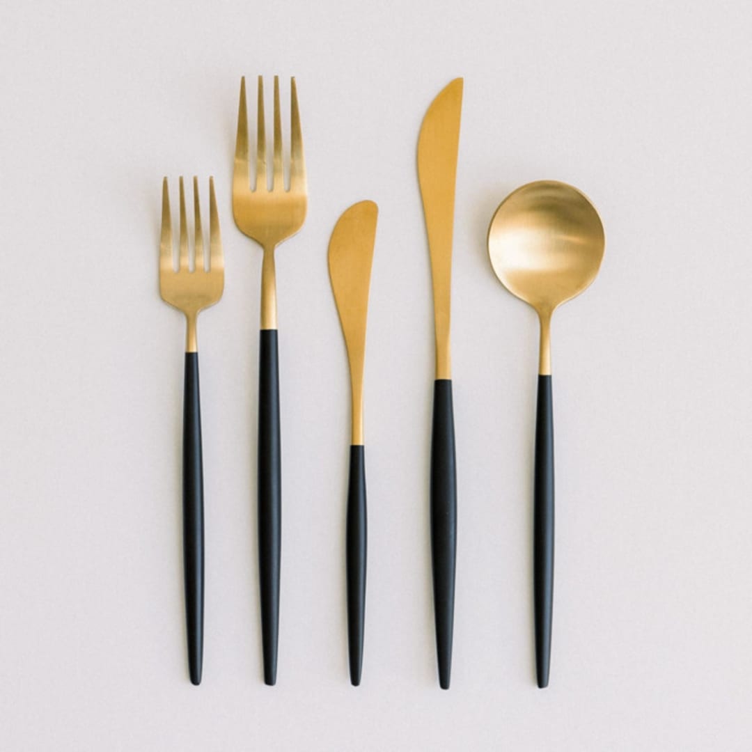"LUNA FLATWARE // 5 PIECE SET IN BLACK + GOLD" - Flatware Sets in green by borrowed BLU
