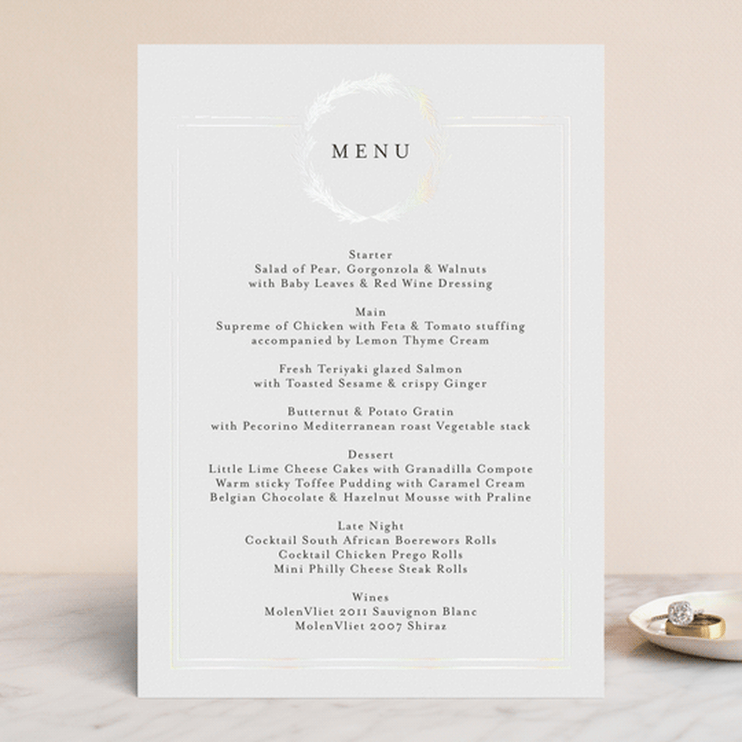"Little Wreath" - Gloss-Press® Menus in Pearl by Phrosné Barwood - Front