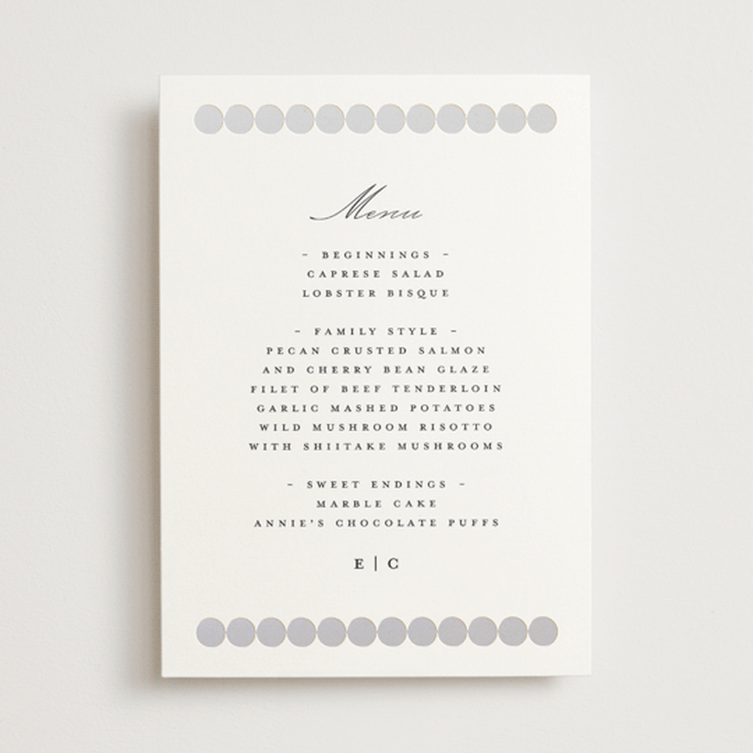 "Pearls" - Gloss-Press® Menus in Silk by mo kelley - Front