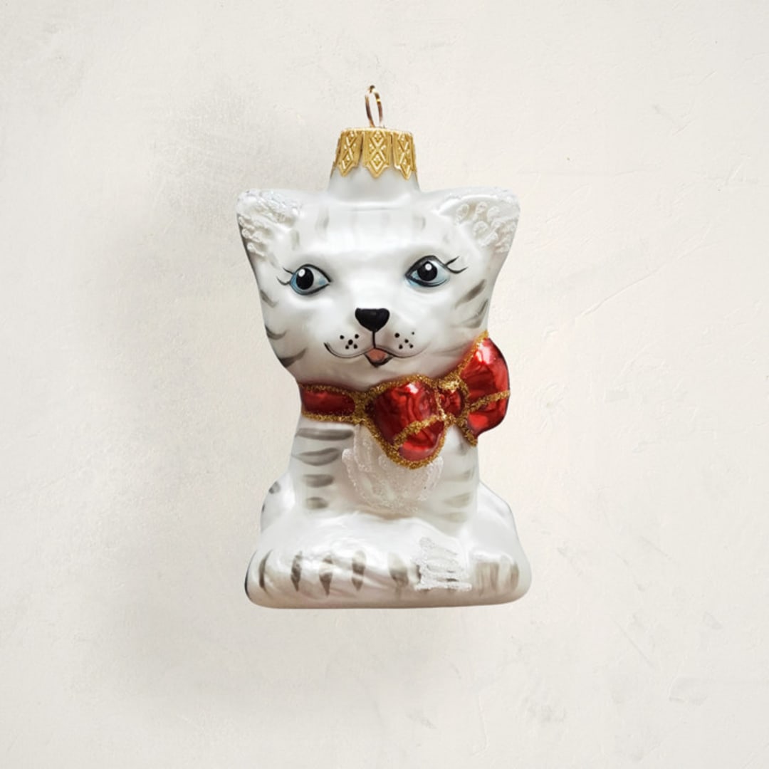 "Cat with Bow Glass Ornament by Glass By Iness" - Ornaments in Snow by Minted - Front