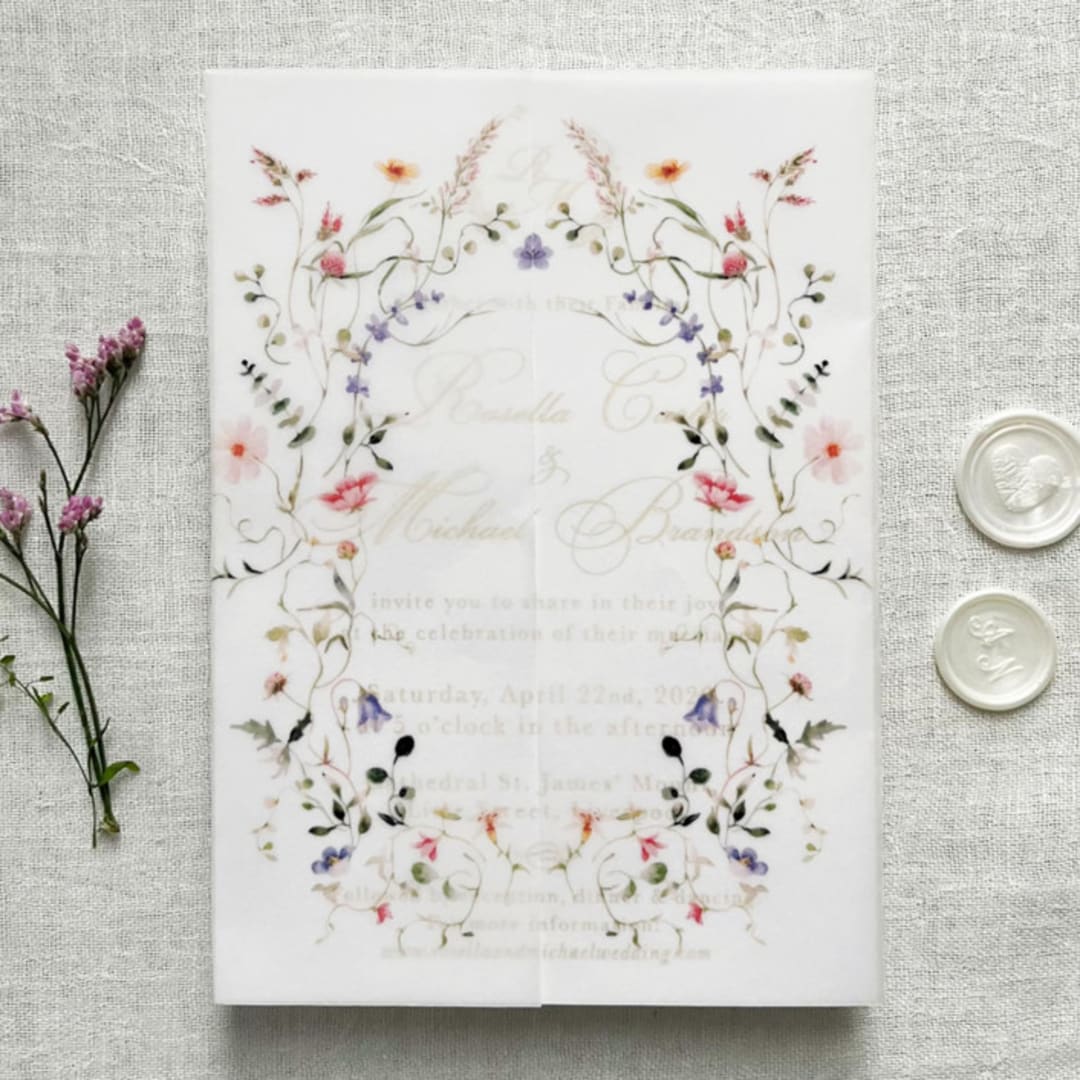 "Wildflower Vellum Jacket for 5x7 Wedding Invitation, Floral Printed Wrap, Elegant Invitation Sleeve, Set of 10" - Invitation Jackets and Overlays in multicolor by Self Stationery