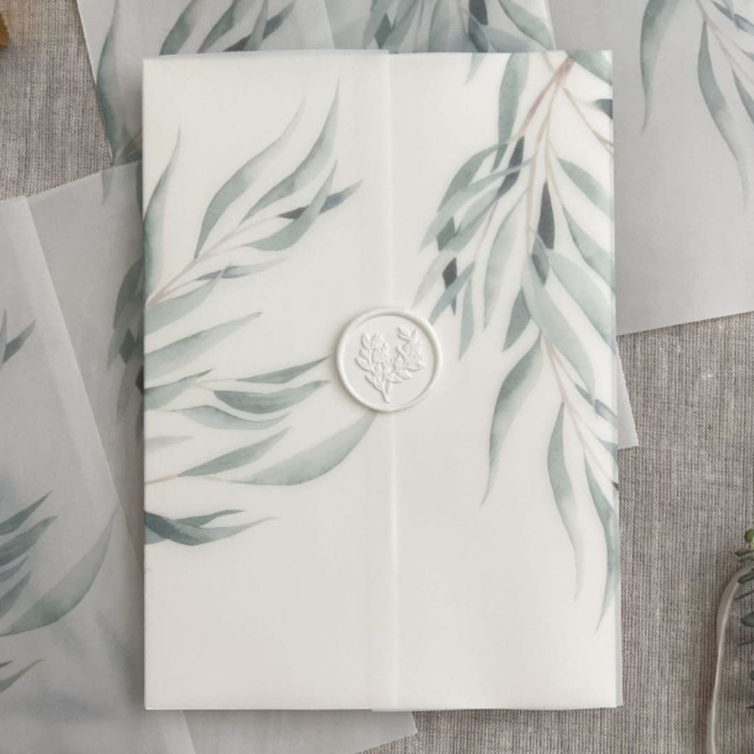 "Eucalyptus vellum wrap for invitations | Set of 10" - Invitation Jackets and Overlays in green by Maria Ferrer G.